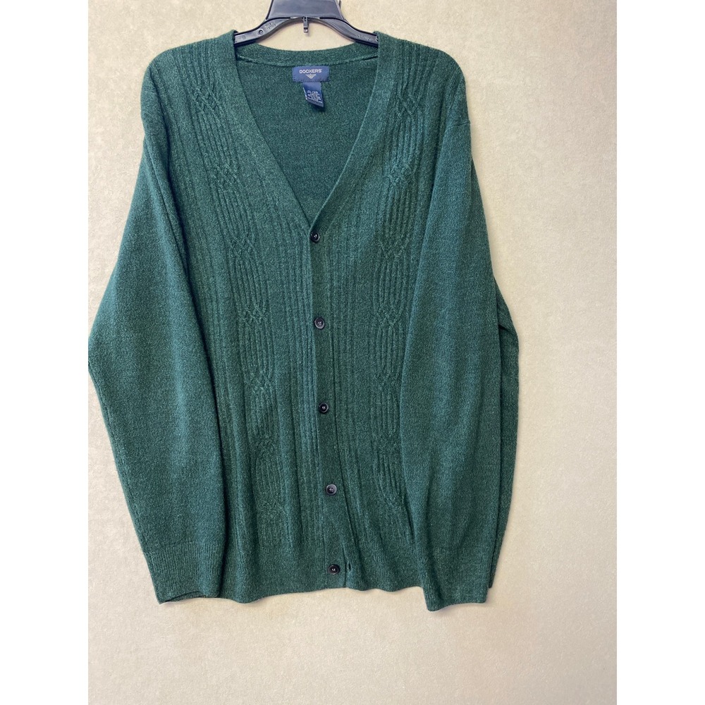 Dockers Mens XL Green Cable Knit V-Neck Button Front Cardigan Sweater L/S